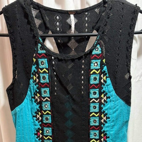 Free People Tops - Free People Women’s Black and Teal Embroidered Sleeveless dress-runs small